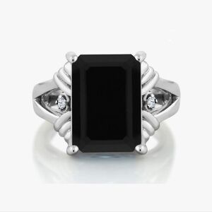 6.43 Cttw 925 Sterling Silver Black Onyx and Diamond Ring